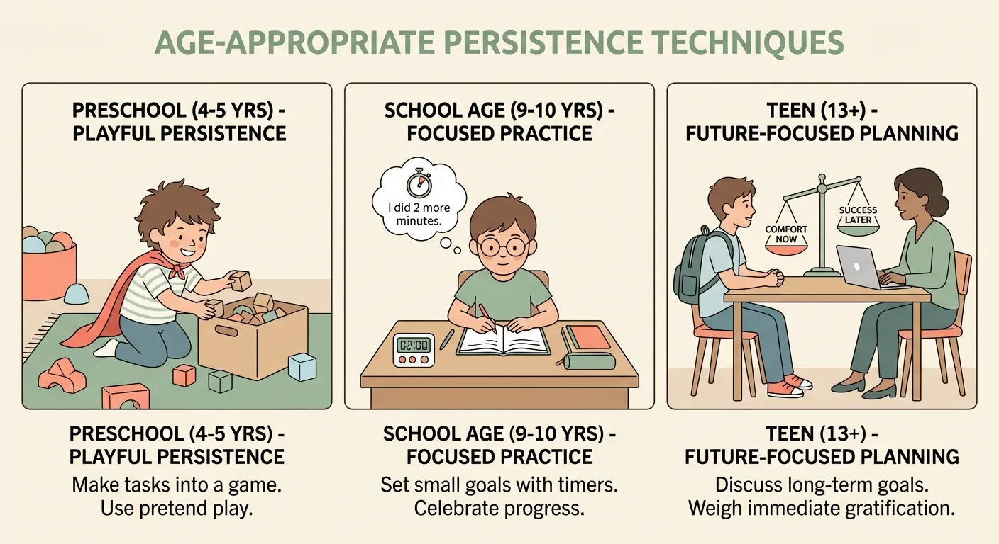 Three panels showing age-appropriate persistence techniques: a young child in a cape cleaning up toys, a school-age kid with a timer proving they can do more, and a teenager weighing choices on a balance scale