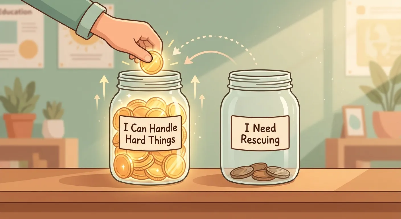 A visual metaphor showing a child's confidence growing like a muscle with each small challenge completed -- a jar filling with coins labeled with small wins