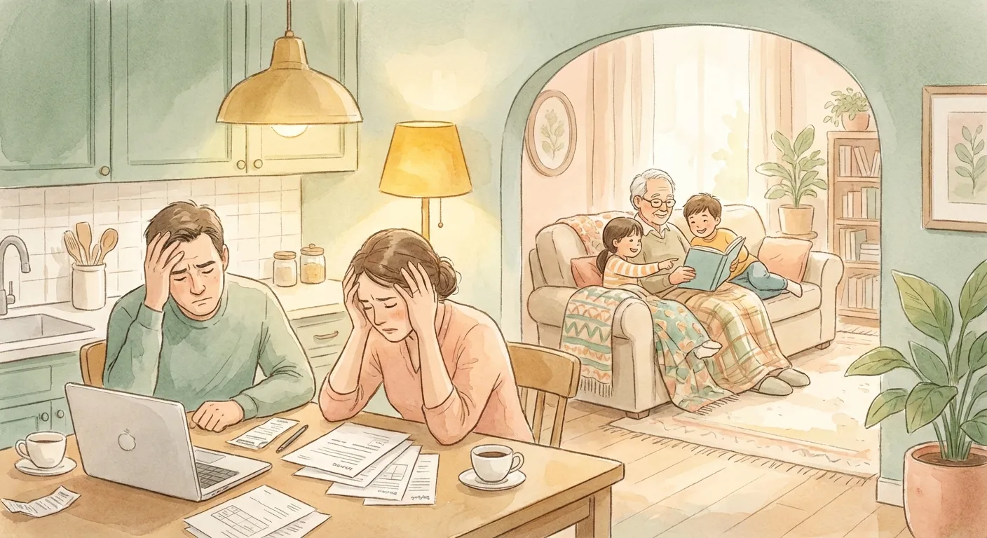 A calm grandparent reading with children while stress happens in another room