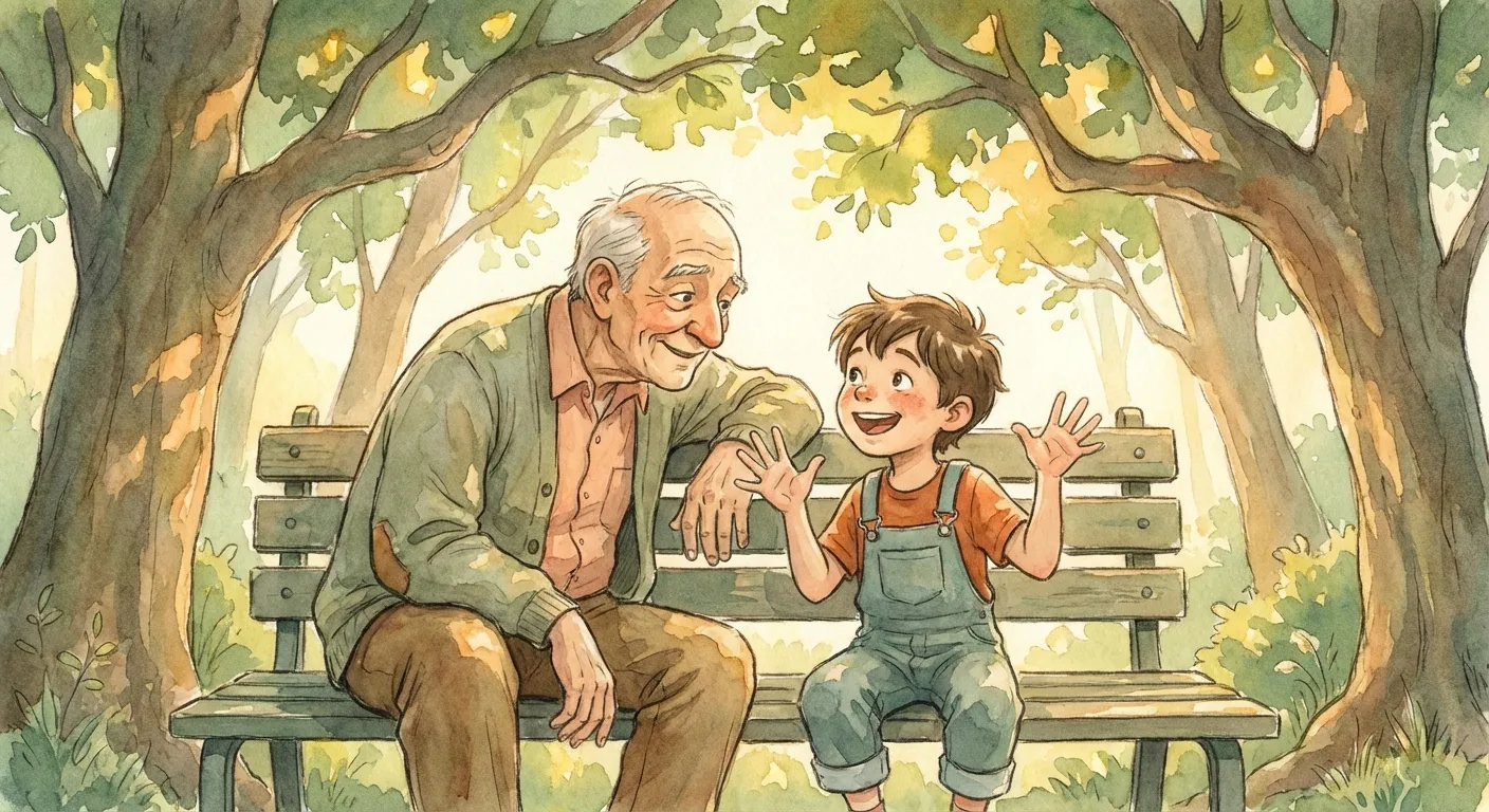 A grandparent and child sharing an animated conversation on a park bench