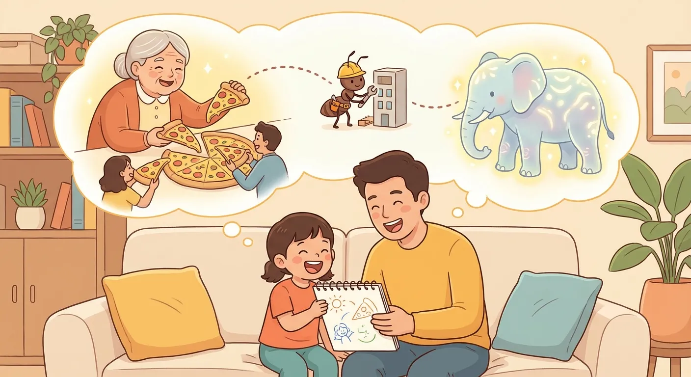 Parent and child laughing together while building a wild memory story