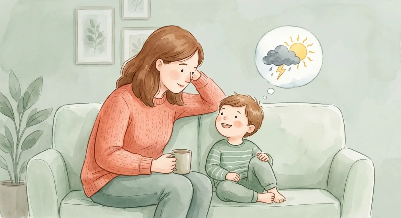 Parent and child having a calm conversation on a couch