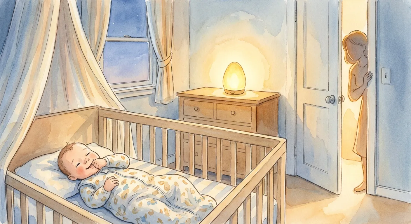 A cozy nursery at dusk with a baby settling peacefully in a crib, warm nightlight glow, parent silhouette in the doorway