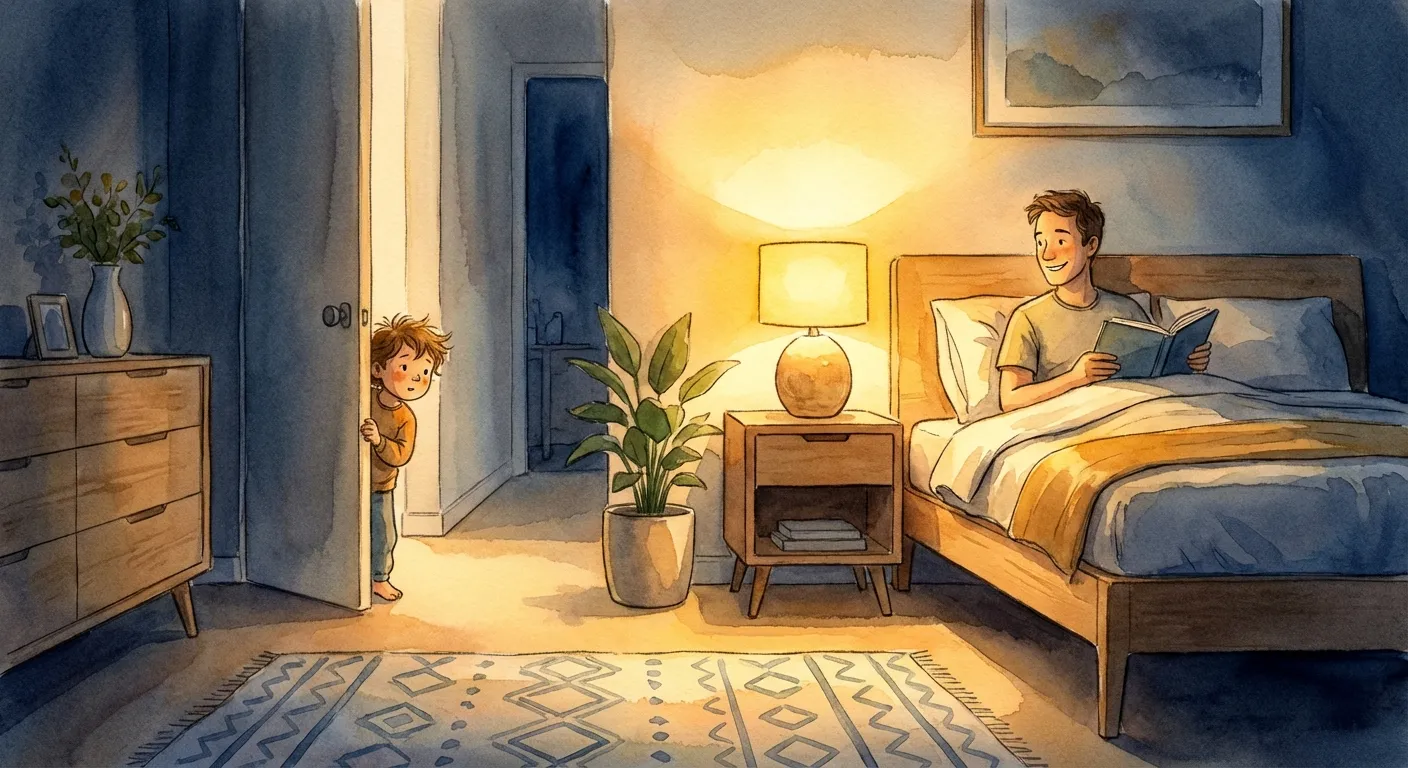 A parent reading peacefully in bed while their child peeks curiously from the doorway