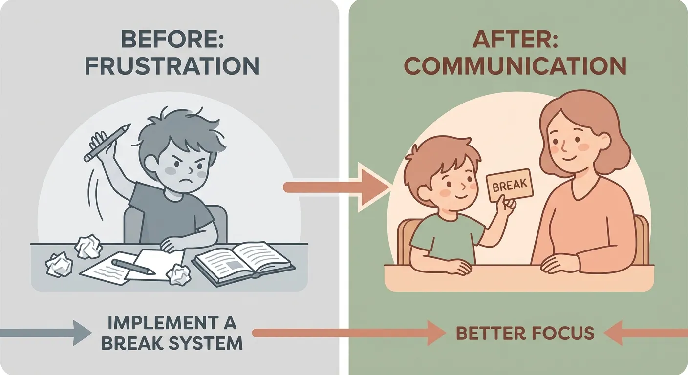 Before and after illustration showing a child replacing tantrum behavior with a break card