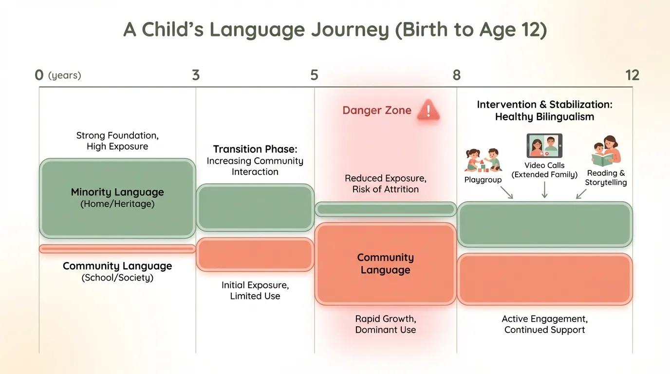 Timeline showing language balance shifting at school age and how to adjust