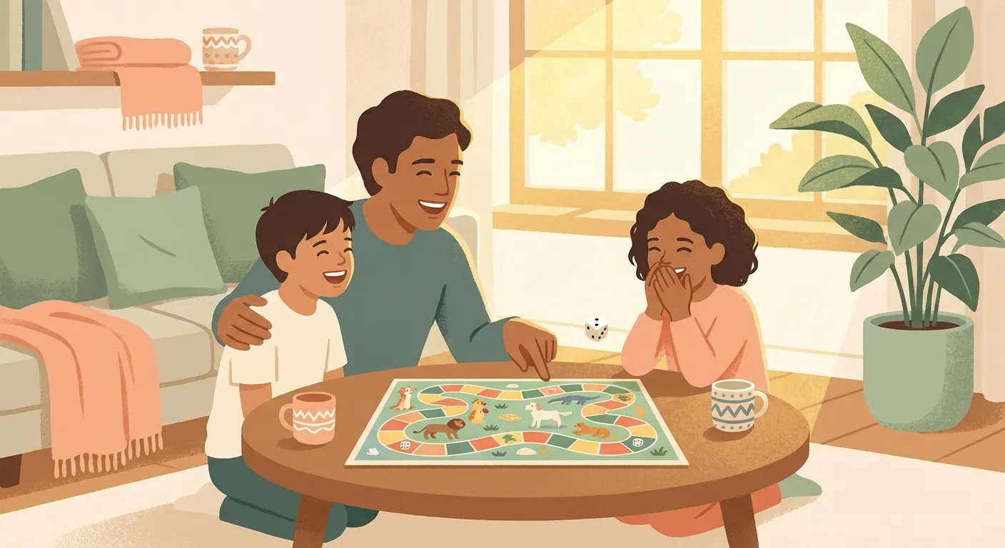 Happy family playing a board game together, phones nowhere in sight, warm golden lighting