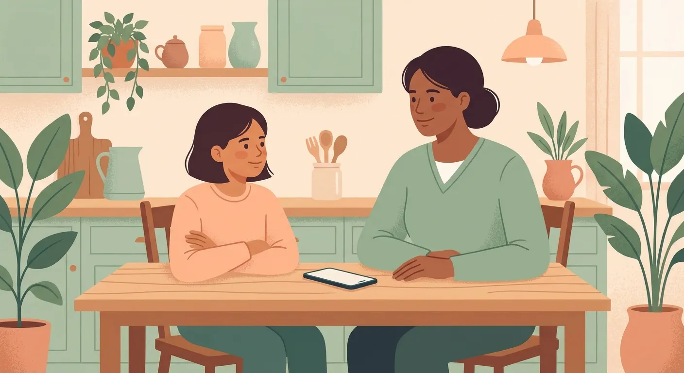 Parent and child having a calm conversation about technology at the kitchen table