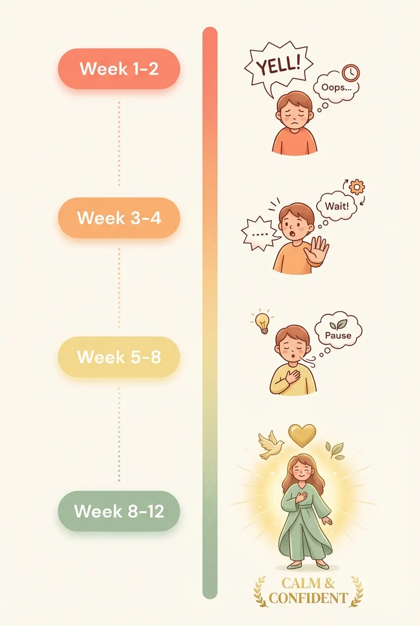 Timeline showing progression from catching yourself after yelling to catching the surge before it happens