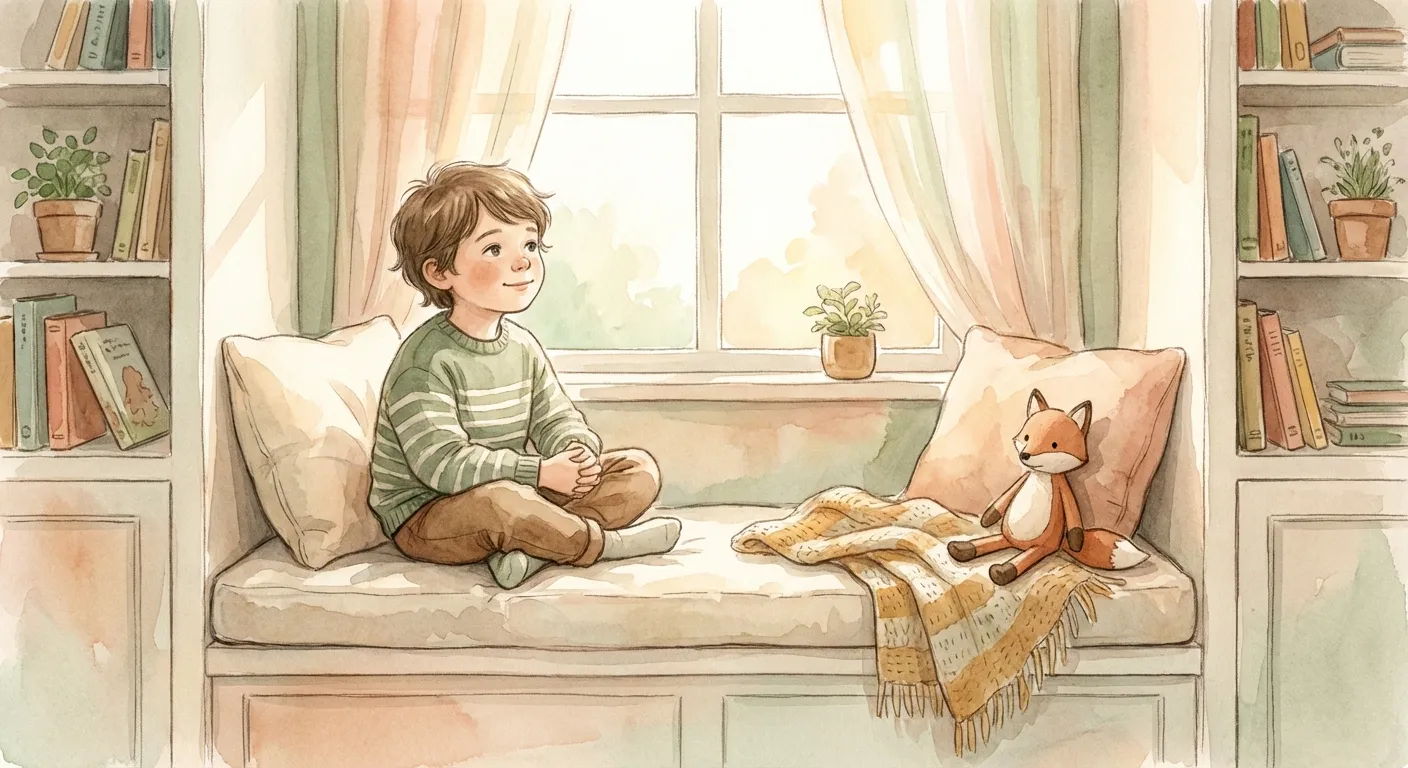 A child taking a calm, thoughtful pause in a cozy corner