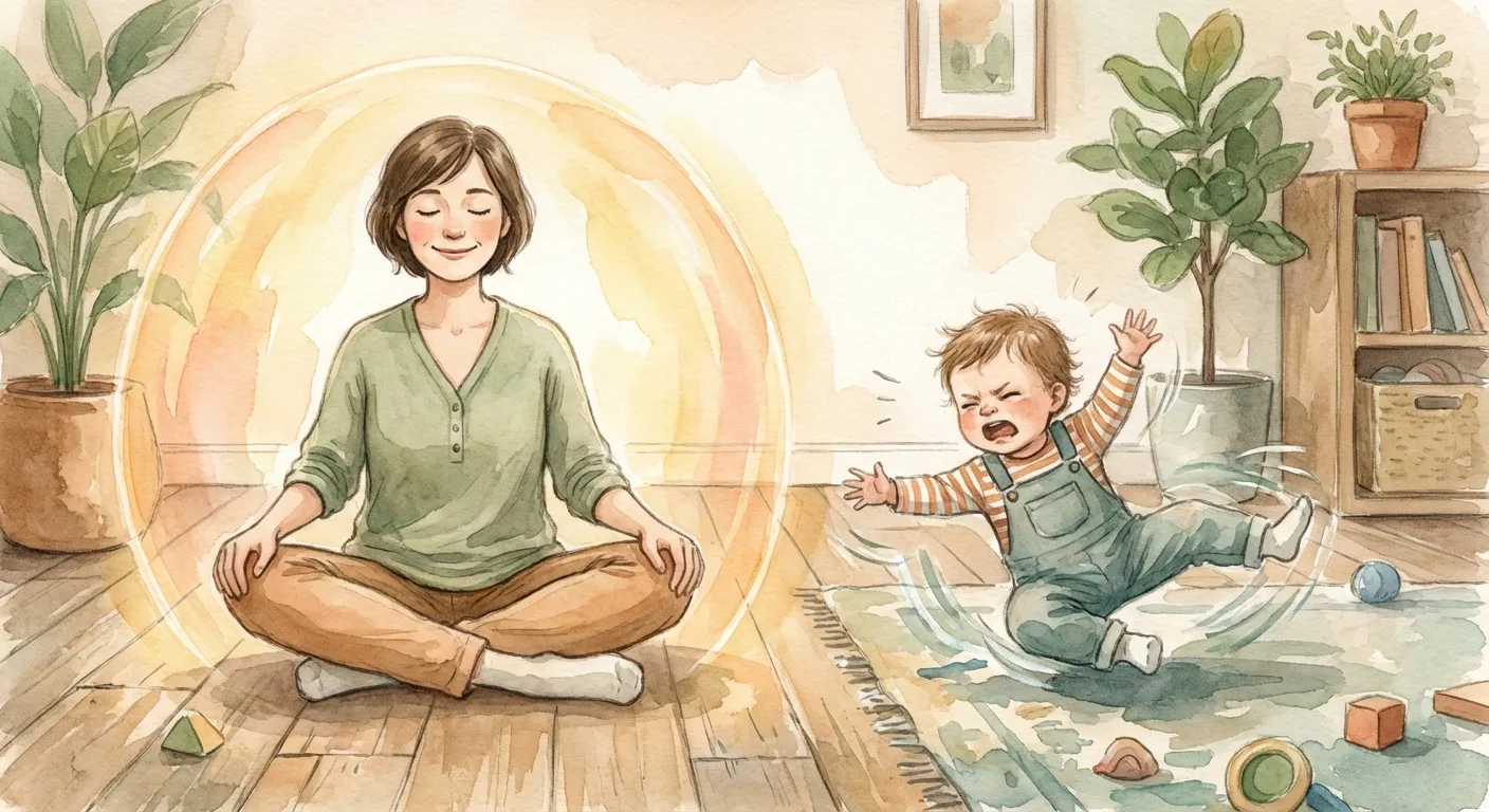 A calm parent sitting peacefully while a child expresses big emotions nearby