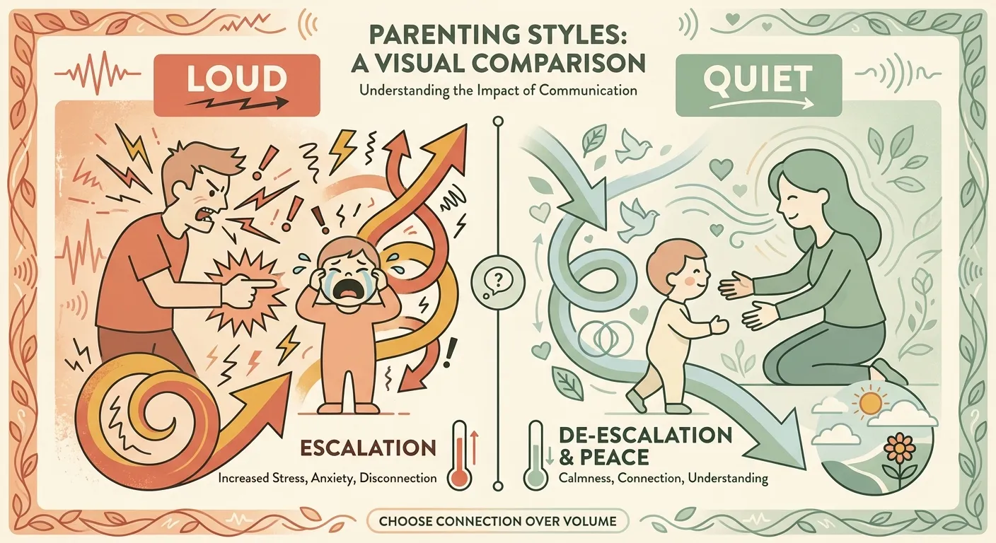 Visual comparison: loud discipline escalates, quiet discipline de-escalates