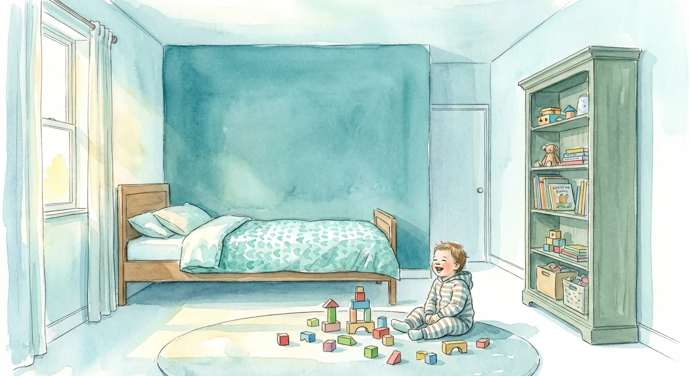 Split comparison: a warm coral room with a calm child reading, and a cool teal room with an energized child jumping