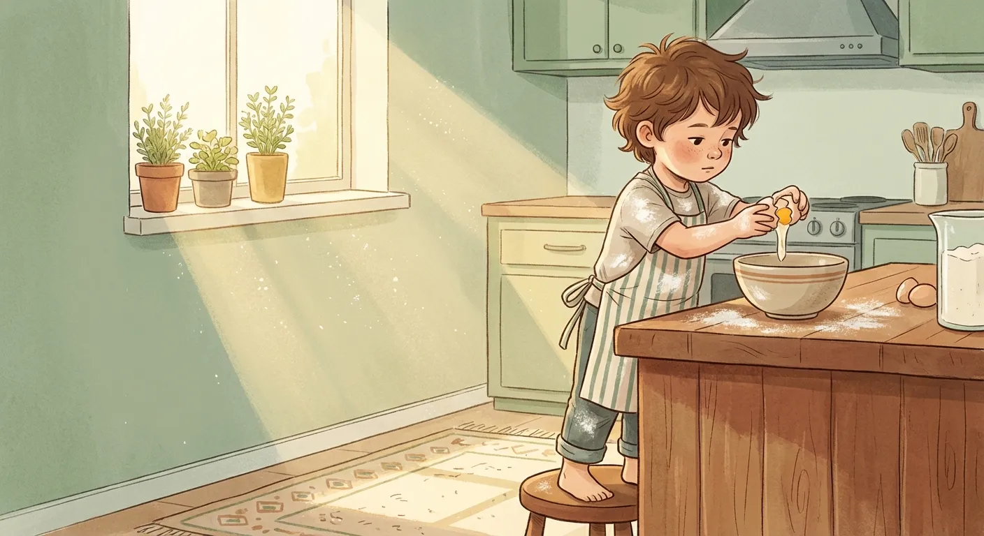 A child confidently cooking alone in a sunlit kitchen