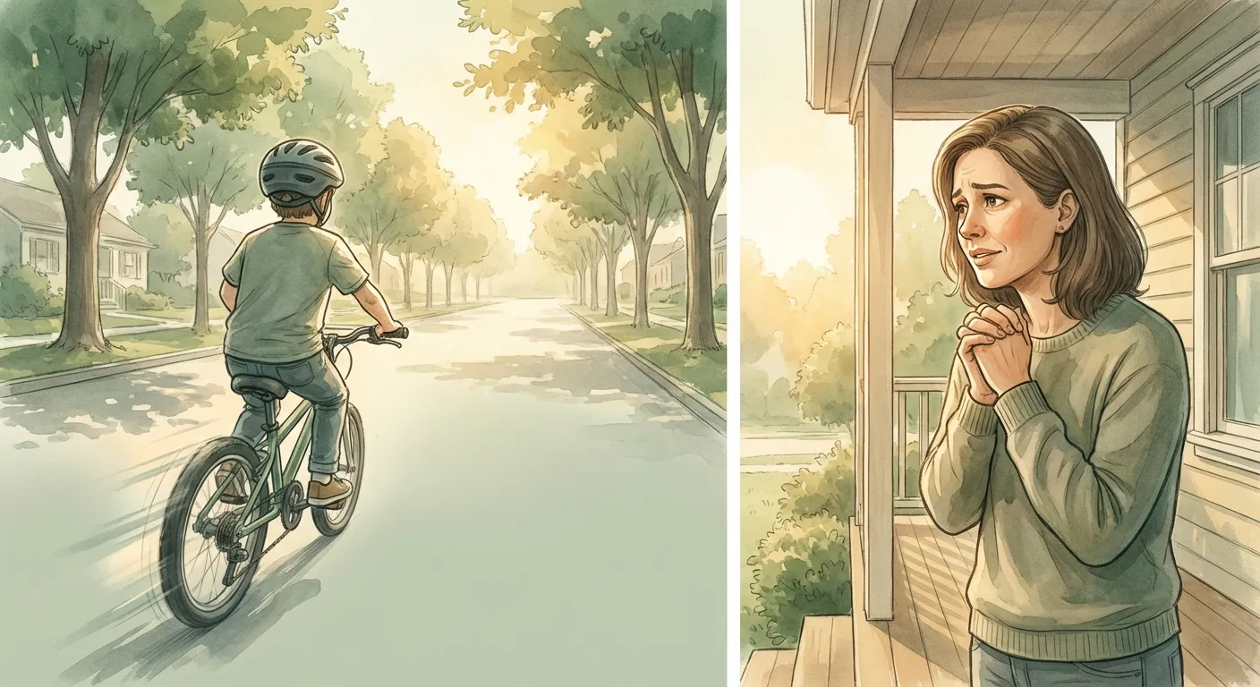 A child biking down a tree-lined street while a parent watches from a porch