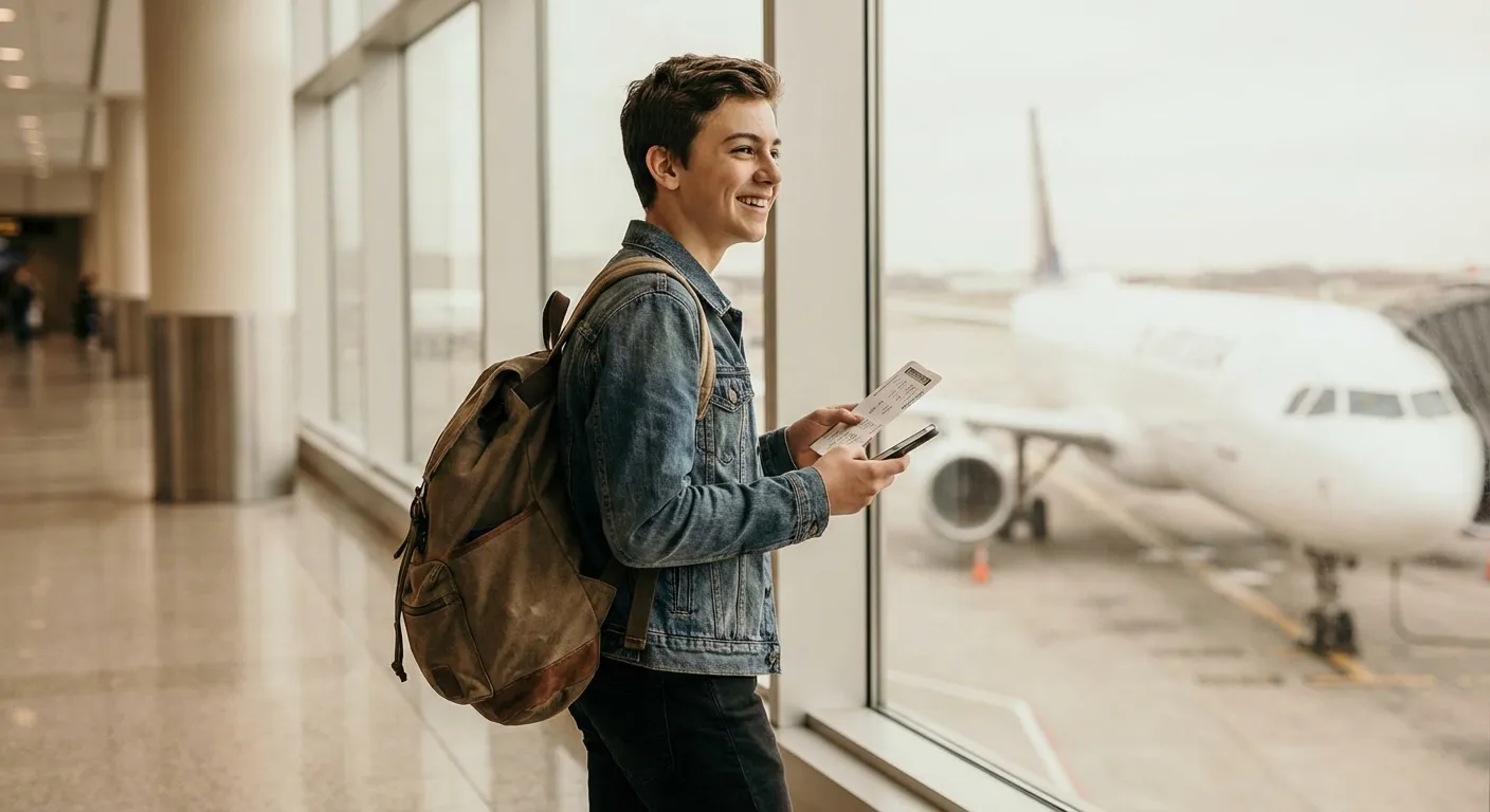 A teenager confidently standing at an airport gate with a backpack