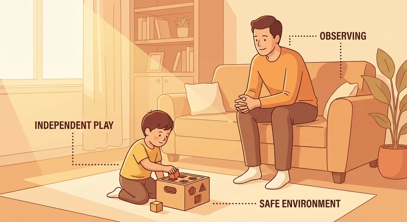 A parent sitting calmly with hands in lap while a child works independently on a task nearby