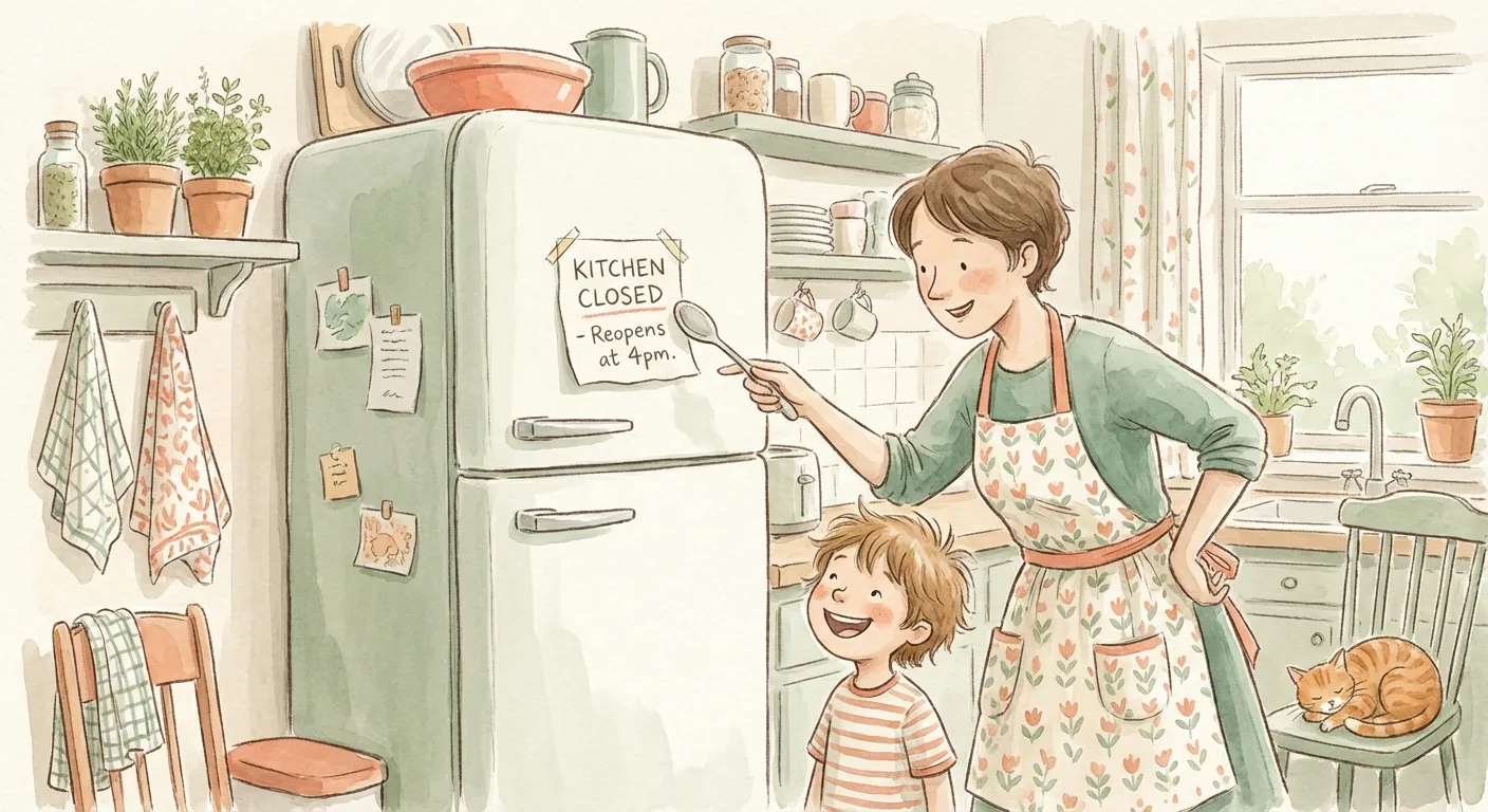 Illustration of a child reading a funny sticky note on the fridge