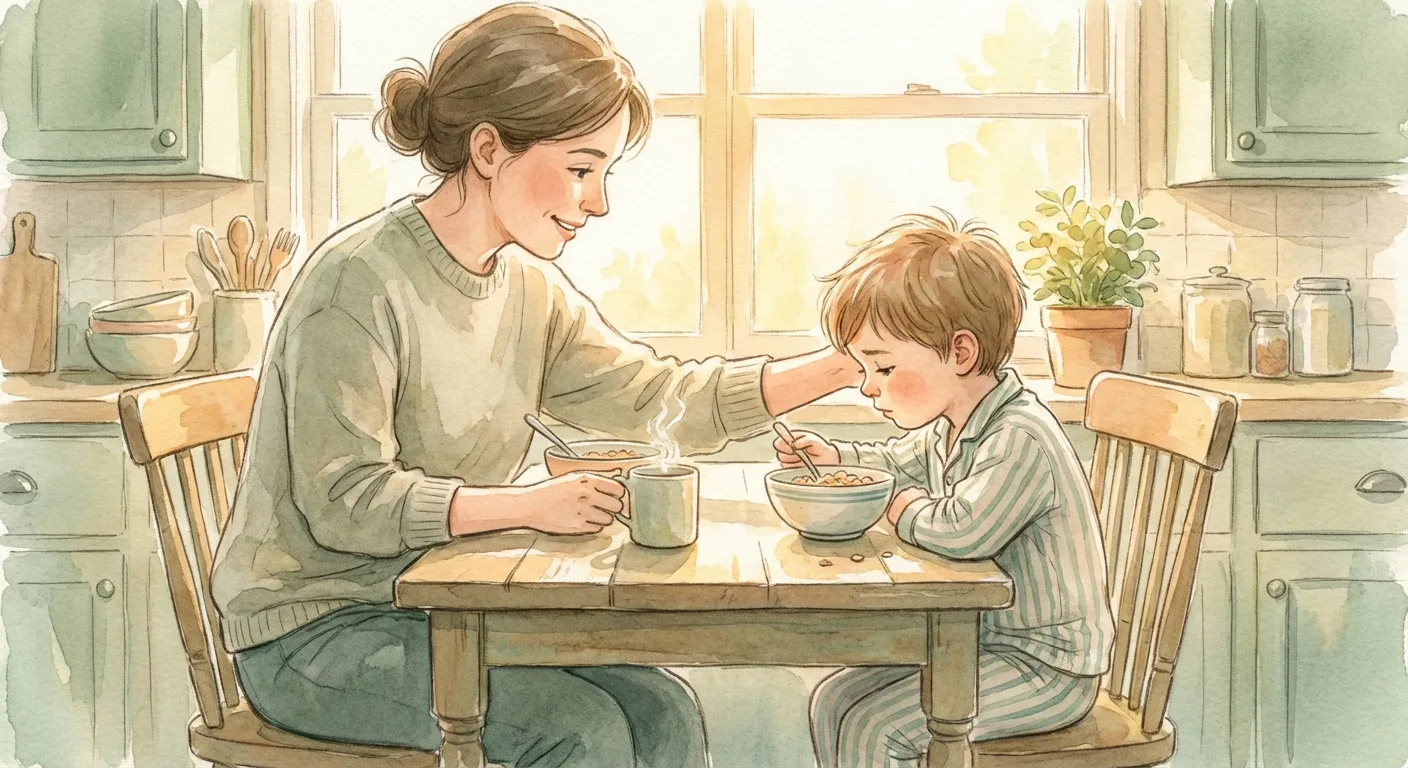 A warm watercolor scene of a parent placing a gentle hand on a child's shoulder as the child sits at a table, with soft light suggesting morning. The parent's expression is calm and confident.