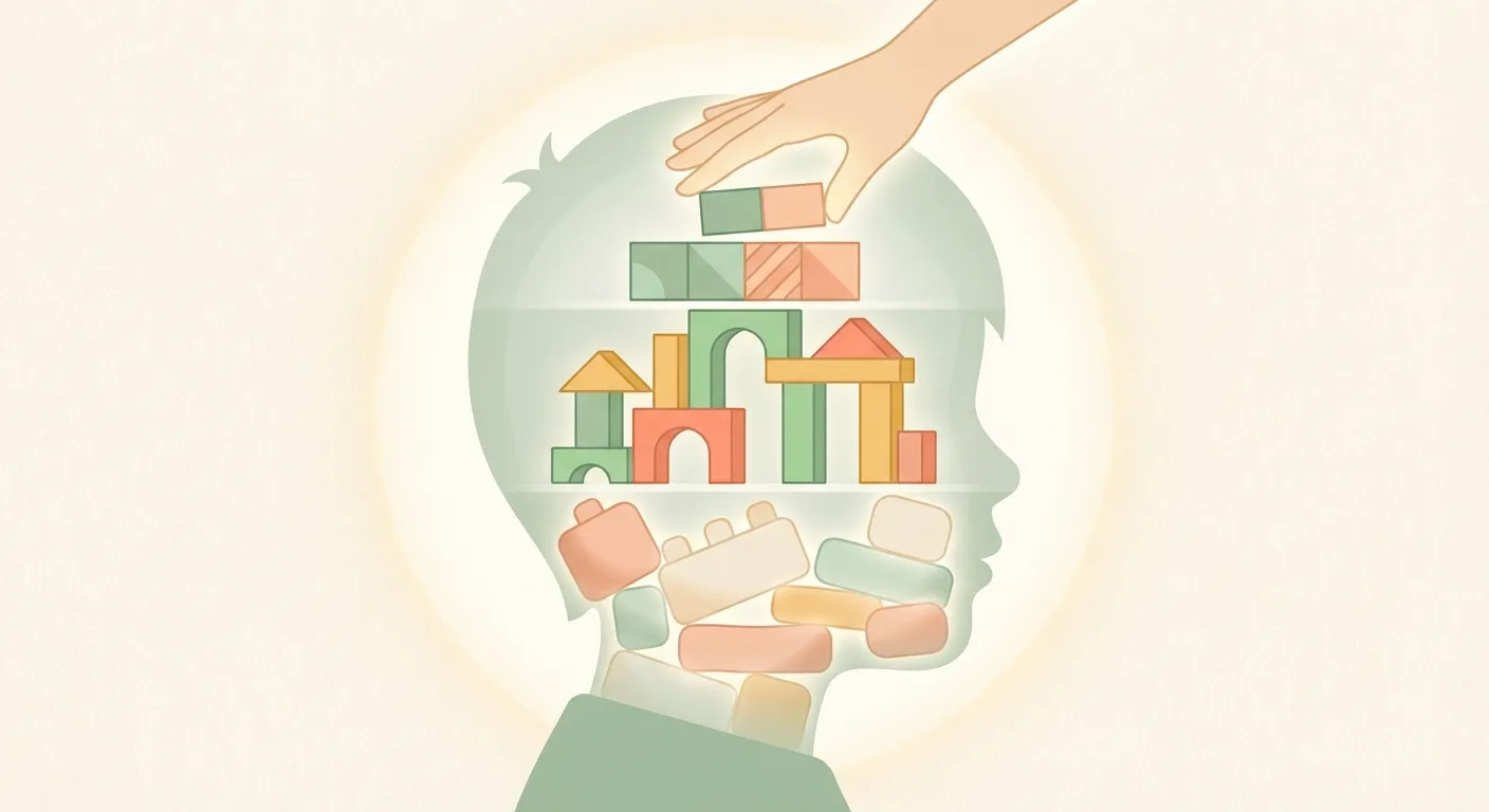 Child's brain development illustrated as building blocks stacking up at different ages