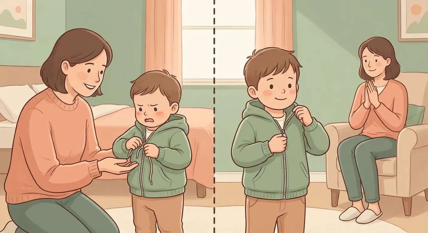 Before and after: parent helping frustrated toddler with zipper, then child calmly managing it alone months later