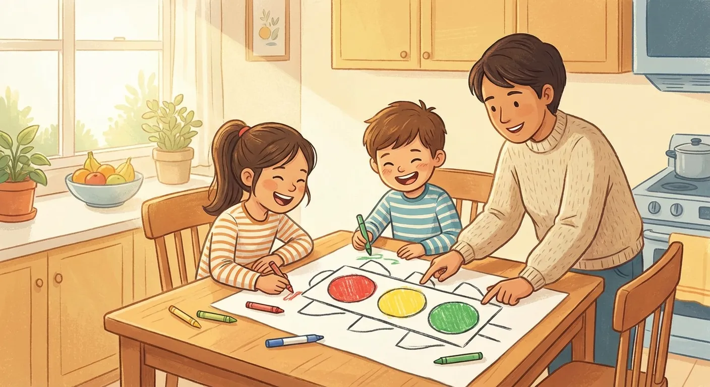 Family drawing a stoplight together at the kitchen table
