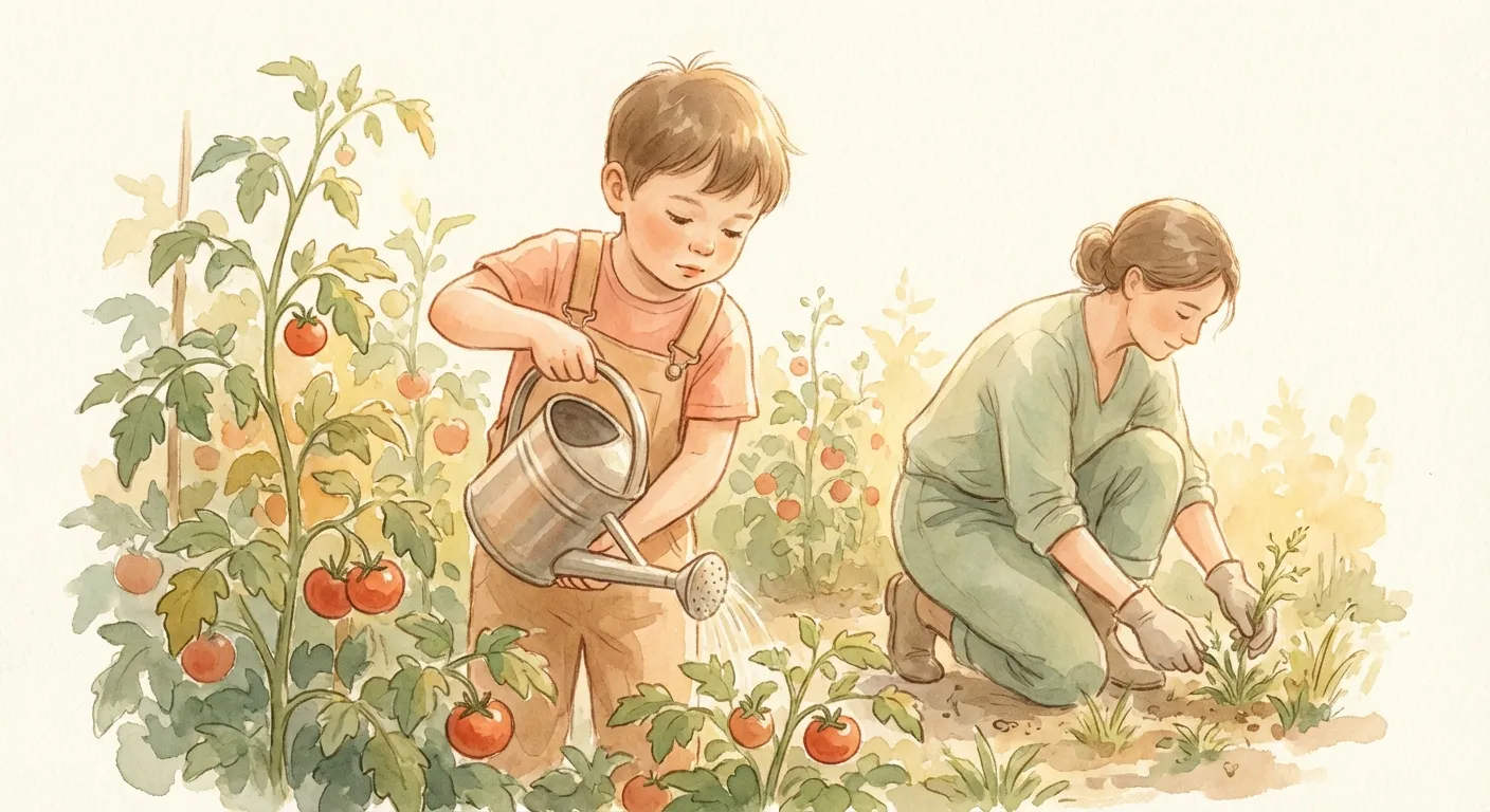 A child watering tomato plants with a small watering can while a parent pulls weeds nearby in golden afternoon light