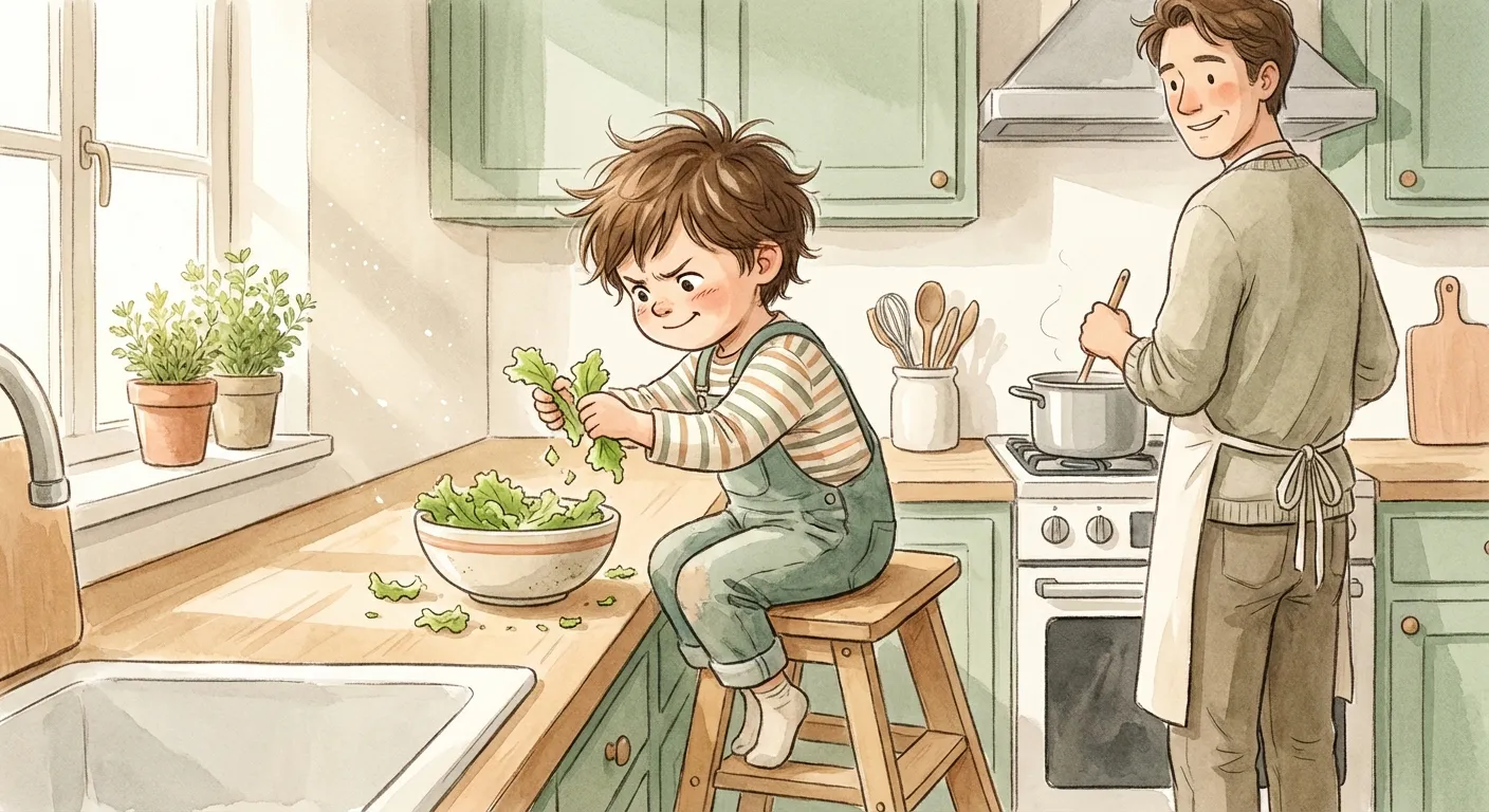 A young child standing on a step stool at the kitchen counter, tearing lettuce with deep concentration while a parent cooks nearby