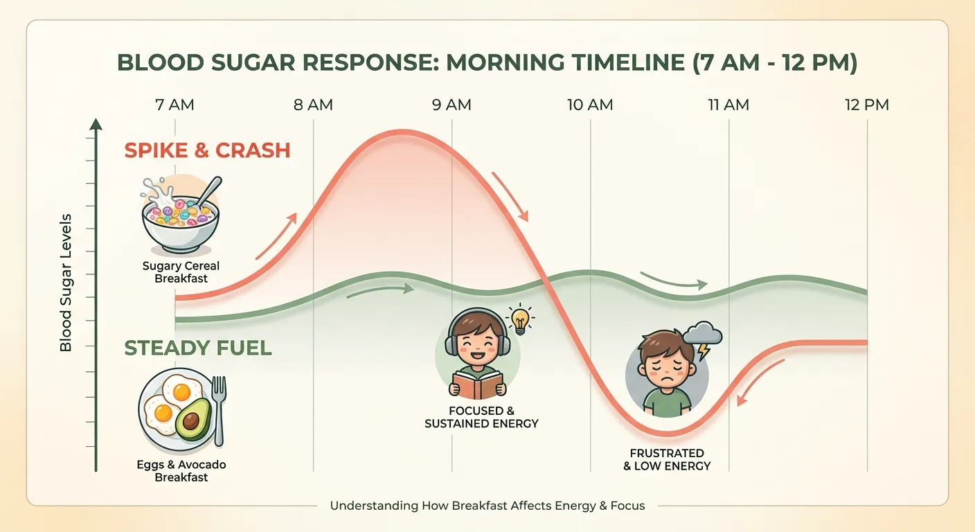 Blood sugar response comparison: spike and crash from sugary cereal versus steady fuel from eggs and avocado breakfast