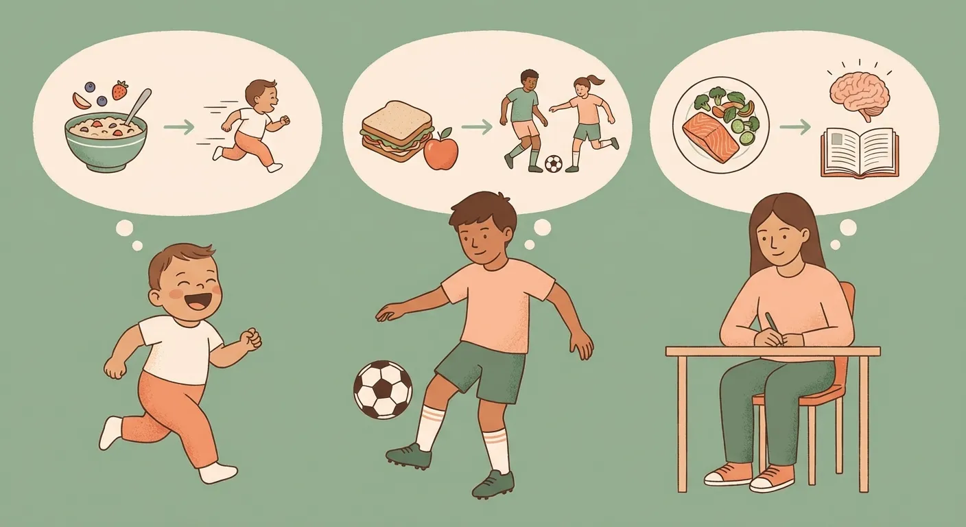 Three children of different ages connecting food to running fast, playing sports, and studying with focus