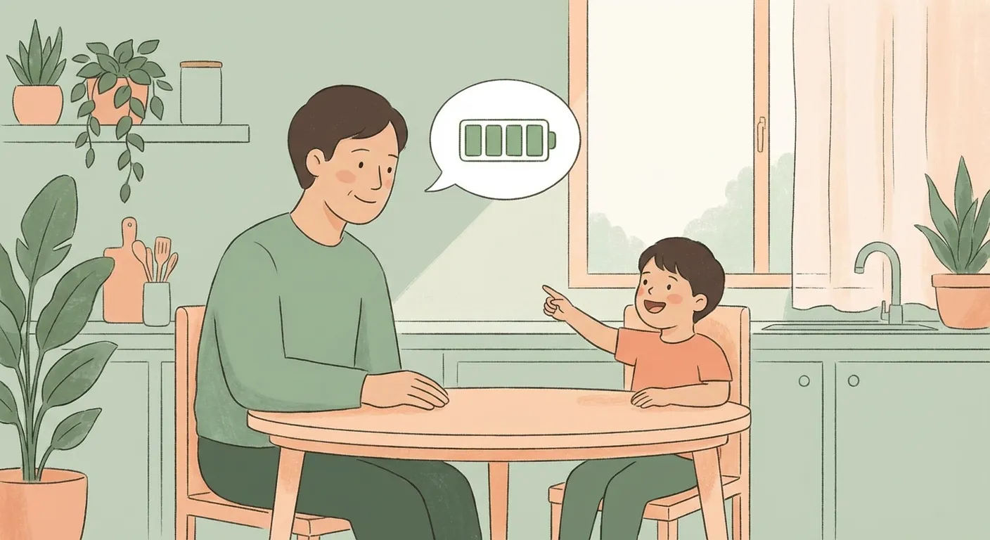 Parent and child having a warm conversation about food and energy at the kitchen table