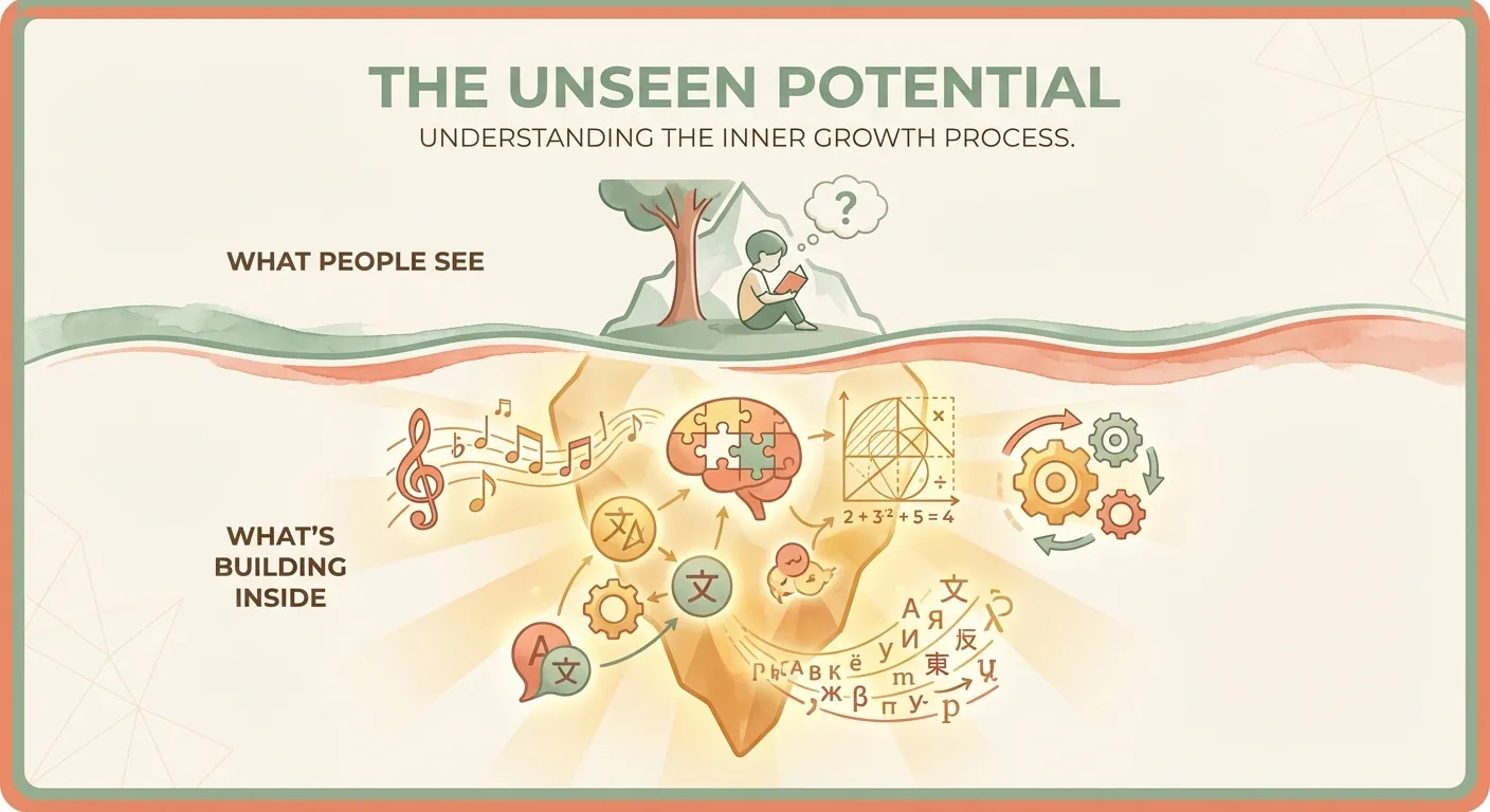 Iceberg metaphor showing visible silence above water and vast cognitive activity below