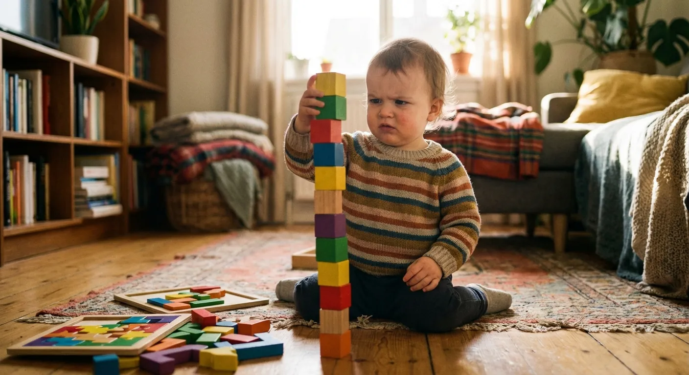 Toddler deeply focused on building an intricate block tower