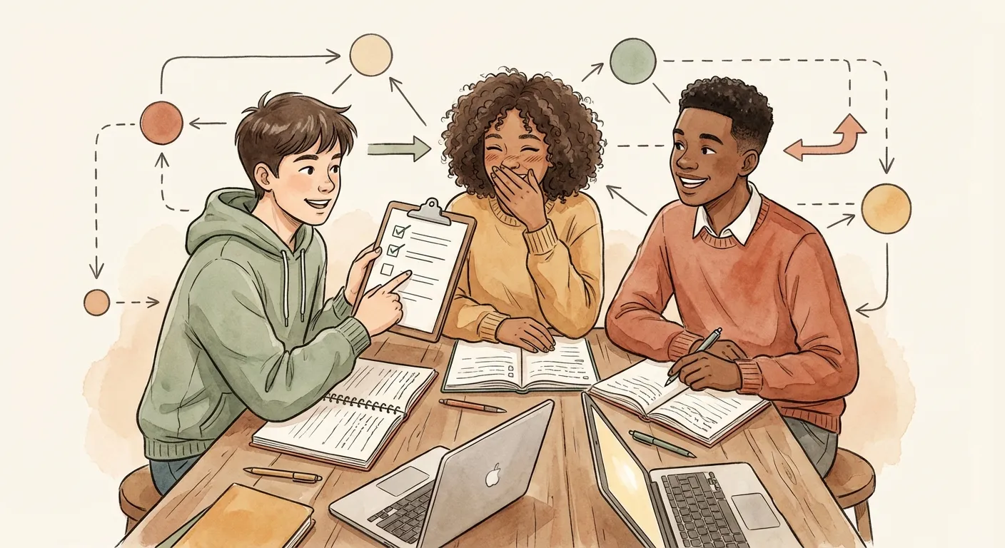 Teens working together on goals around a table with notebooks and laptops