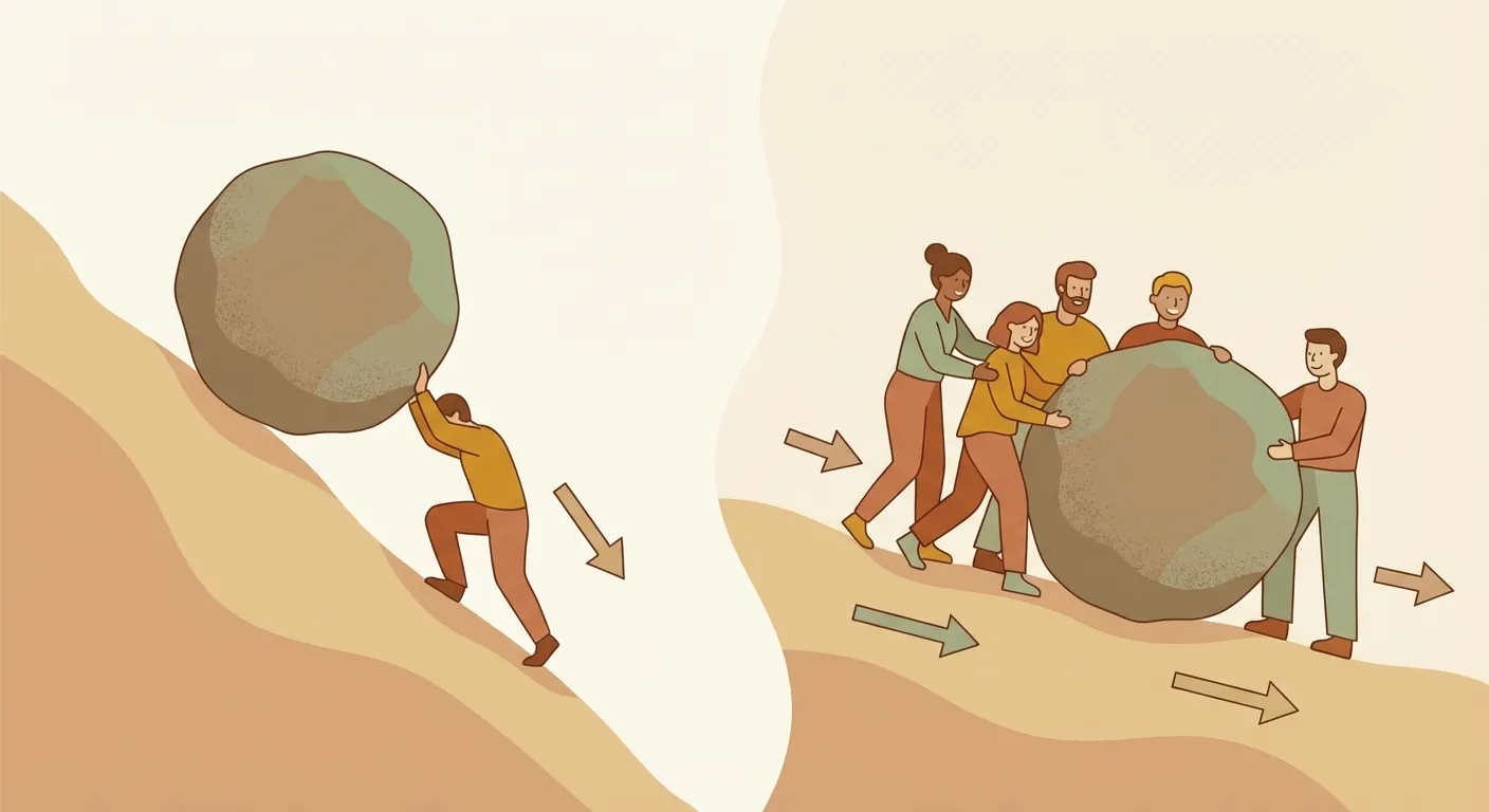 Visual comparison of solo effort versus crew effort pushing toward a goal