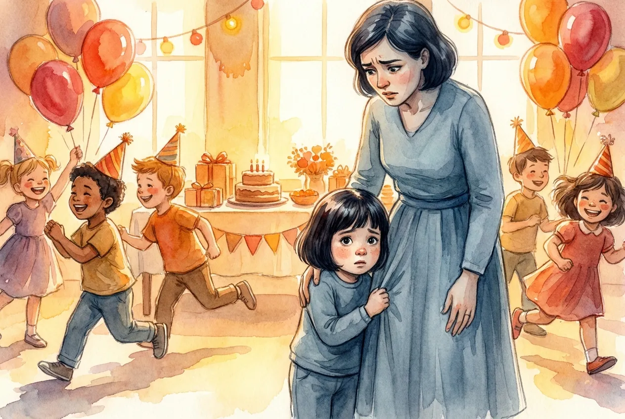 Same child at five, clinging to parent at a birthday party