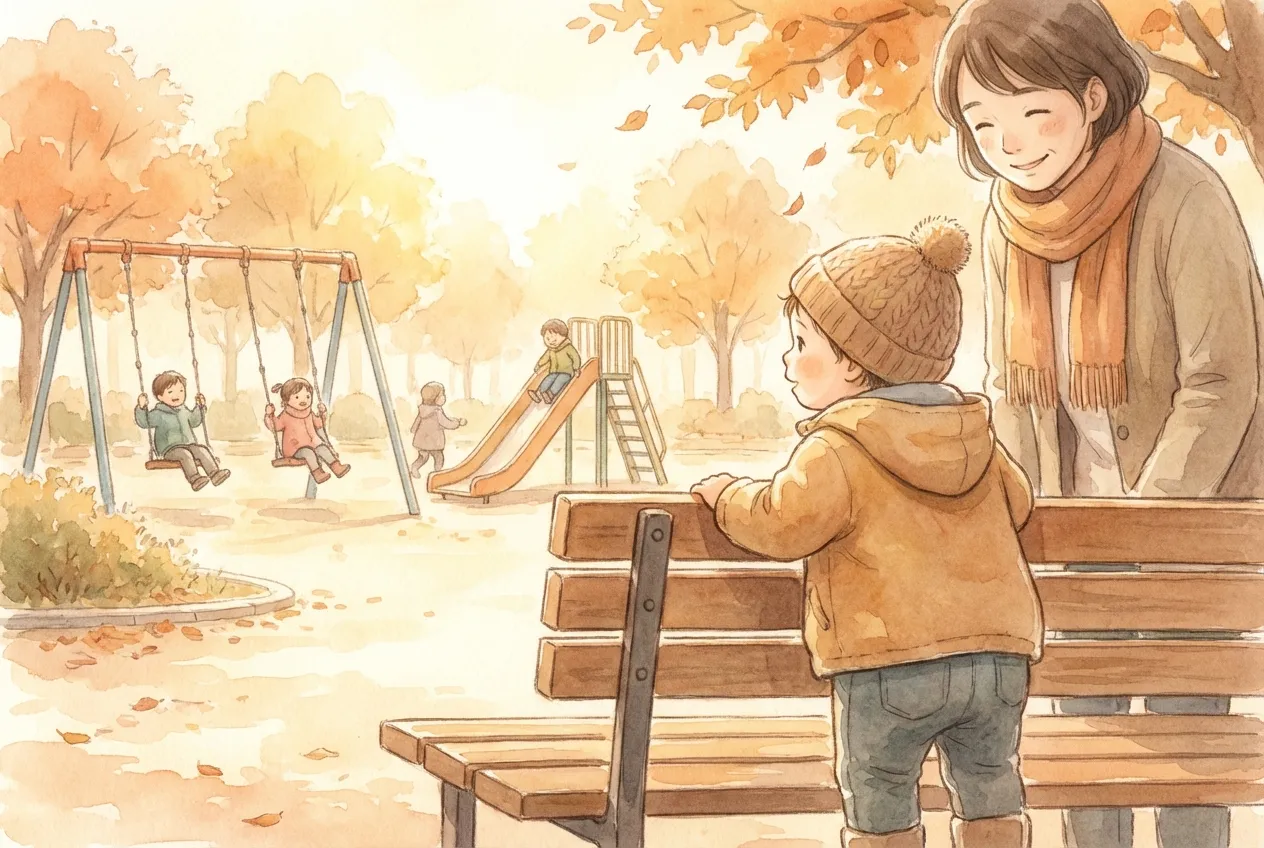 Careful toddler watching from the edge of a playground, parent smiling nearby