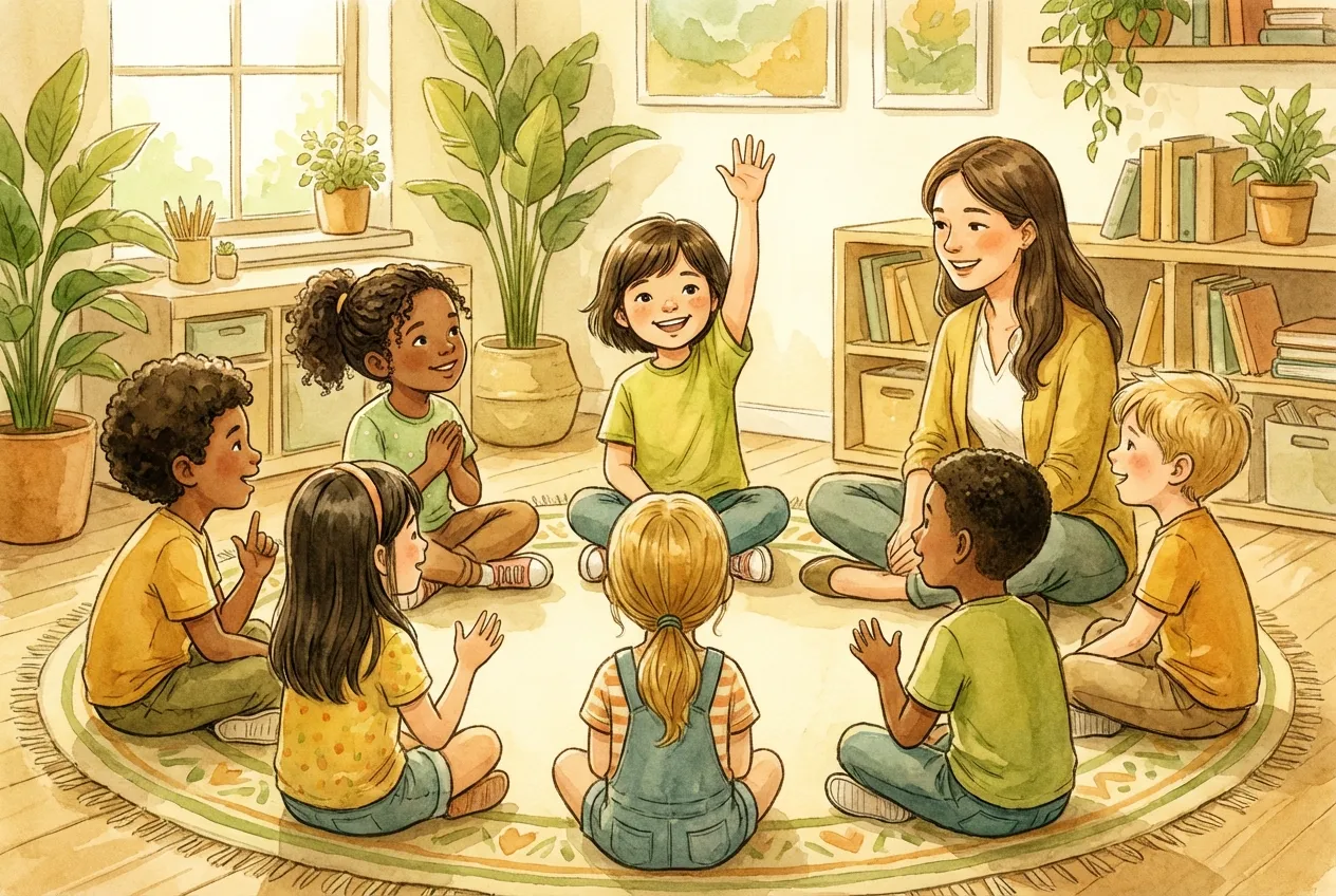 Child enthusiastically participating in a group discussion