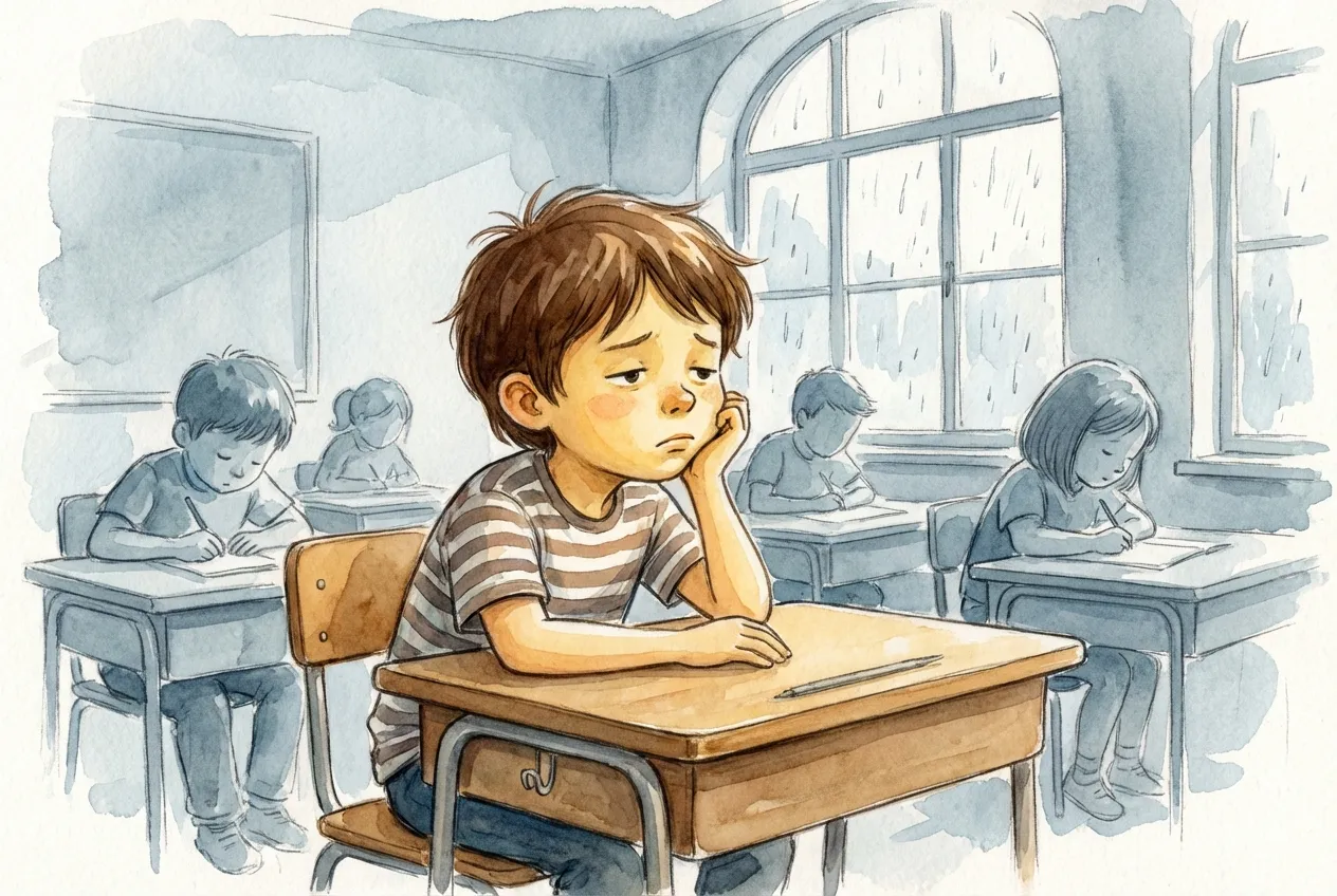Same child looking dejected at a quiet desk in a silent classroom