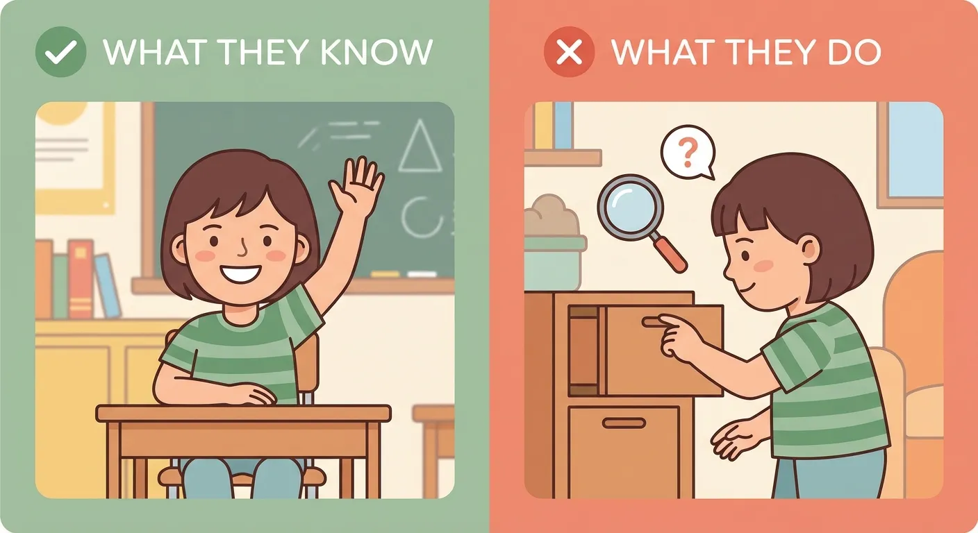 Split illustration showing the gap between what children know about gun safety and how they actually behave