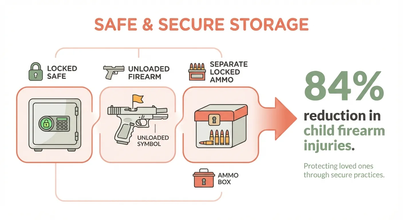 Infographic showing secure firearm storage with locked safe and separate ammunition