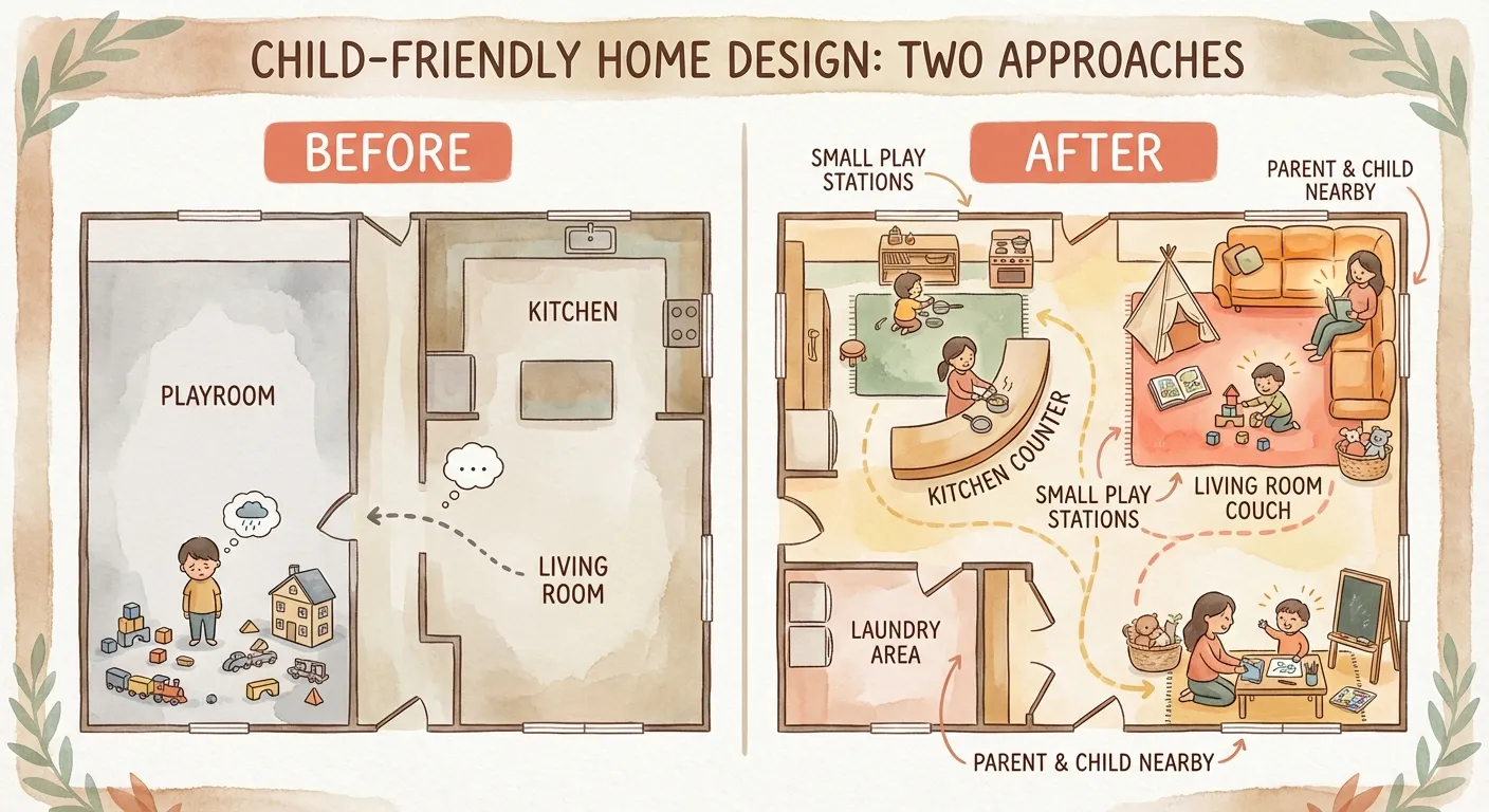 Before and after: toys isolated in a distant playroom vs. small play stations near where parents actually spend time