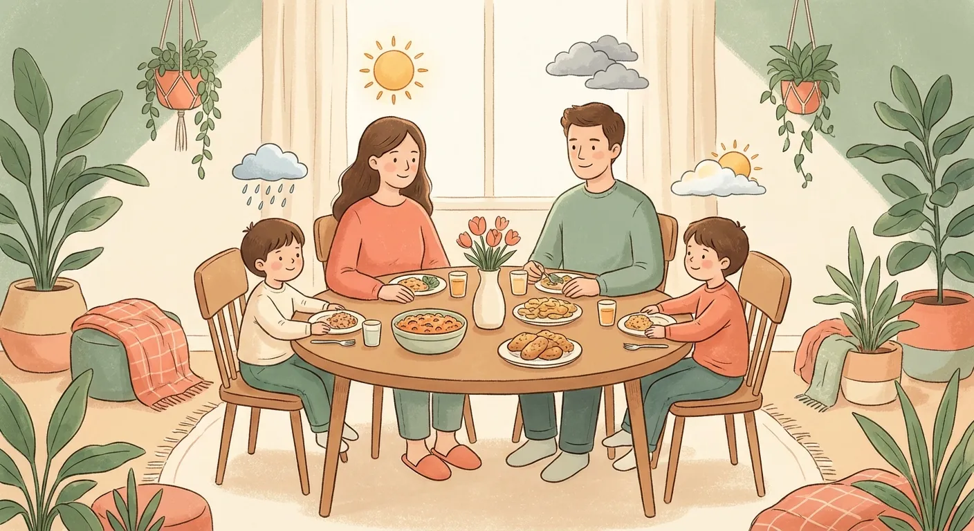 A family sitting at a dinner table, each person with a different weather icon above their head -- sun, clouds, rain, partial clouds -- all comfortable with their different emotional states