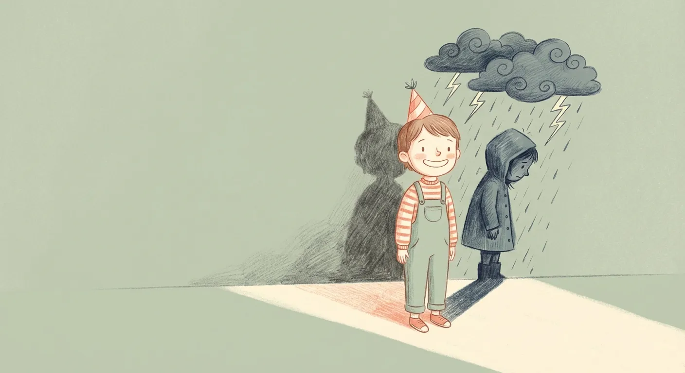 A child standing with a bright smile, but their shadow shows a hunched figure surrounded by storm clouds -- illustrating the gap between the mask and what's really happening inside