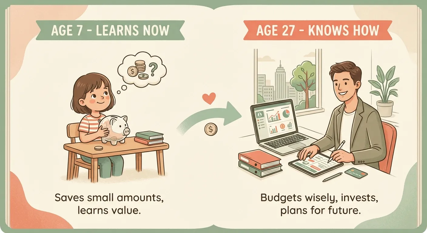 A child learning about money at age 7 grows into a financially confident adult at 27