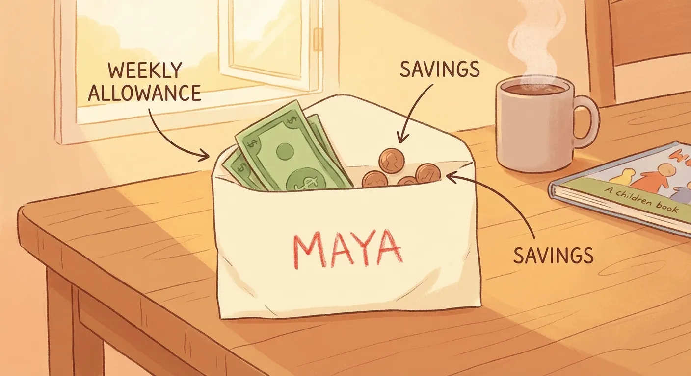 A child's weekly allowance envelope on a kitchen table