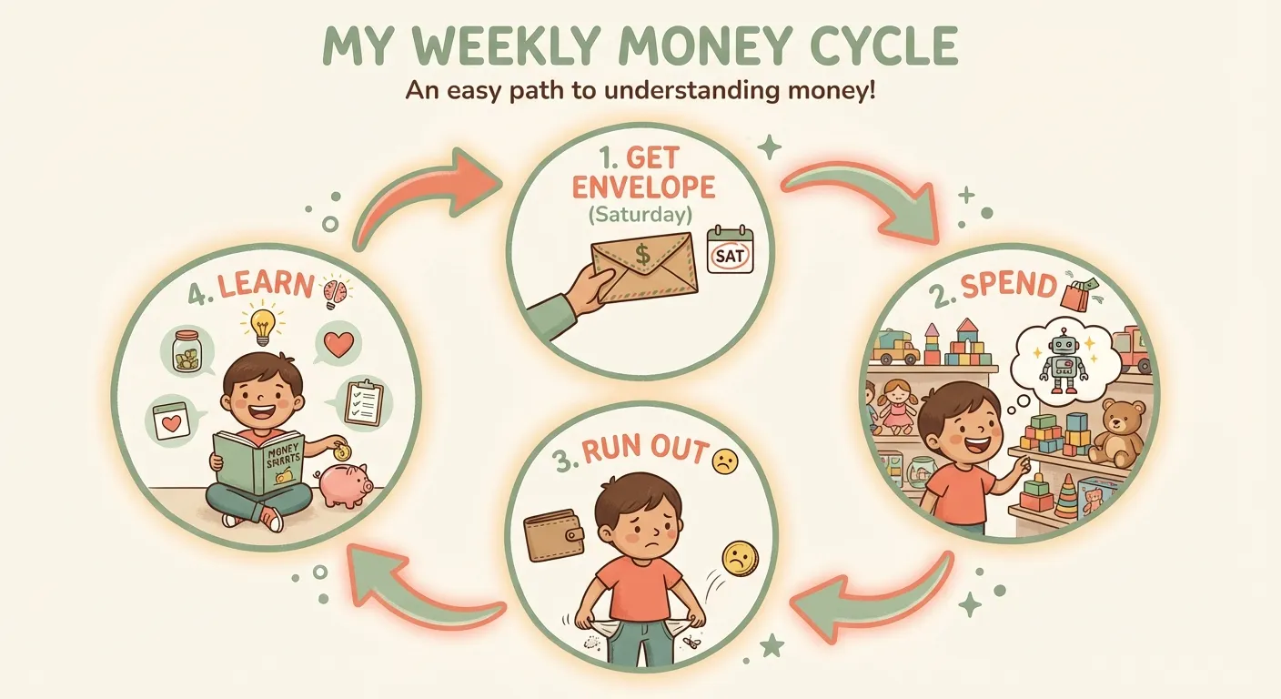 The weekly money cycle: get envelope, spend, run out, learn