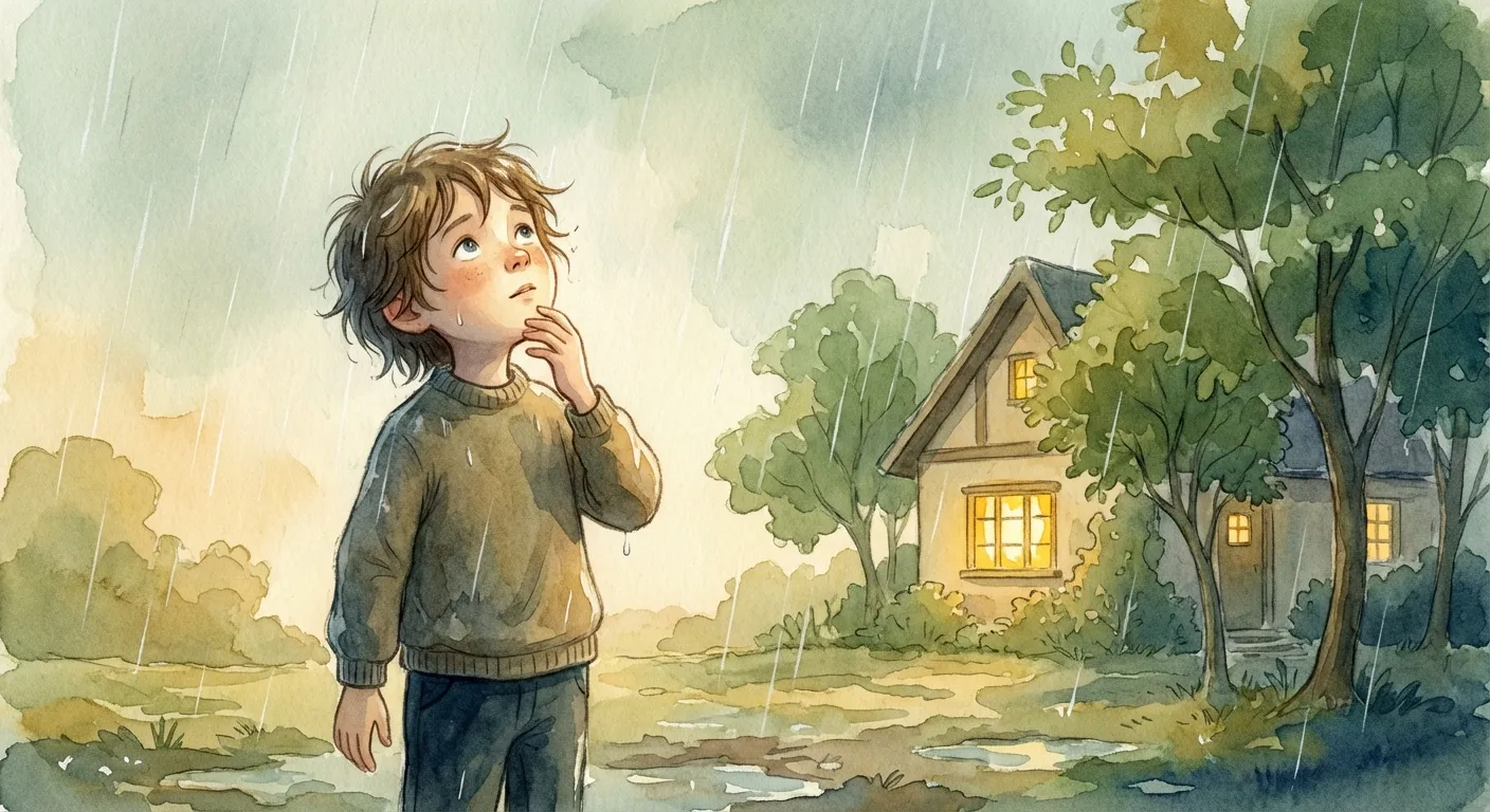 A child having a moment of realization while standing in the rain without a jacket