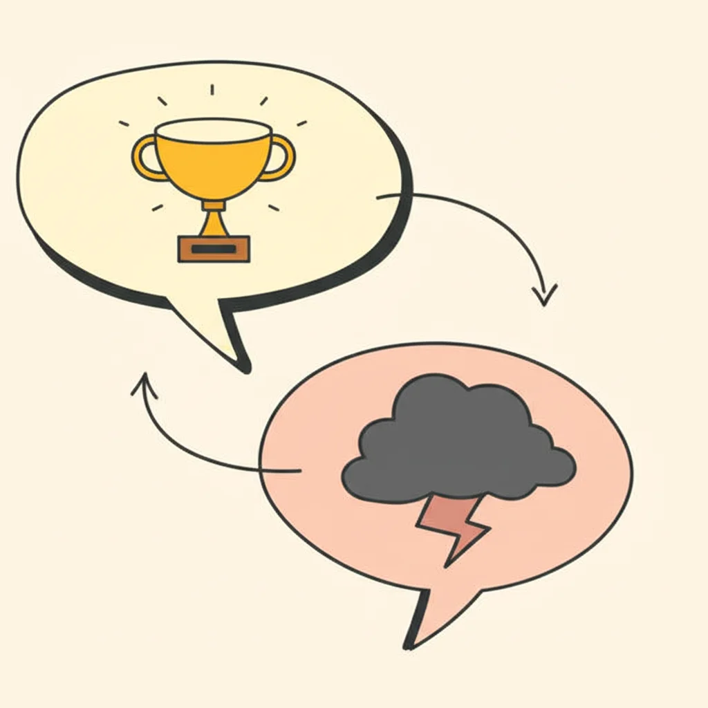 Two speech bubbles that don't connect - one pointing toward a trophy, one pointing away from a storm cloud