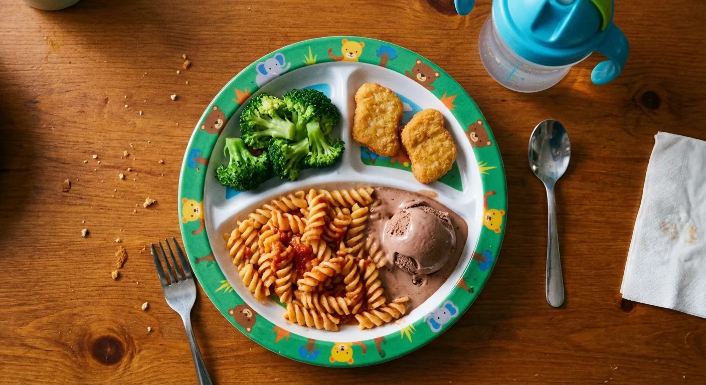 A child's plate with pasta, broccoli, chicken, and a small scoop of ice cream all served together